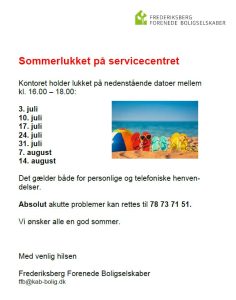 Bemærk at Servicecentret holder lukket mellem kl. 16 og 18 alle torsdage til og med den 14. august.